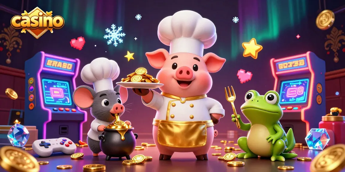 Chef pig serves gold coins in a vibrant casino scene with glowing arcade games.
