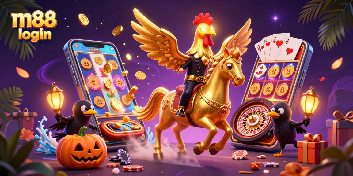 Experience m88 login with a captivating casino scene featuring a golden rooster and exciting game elements.