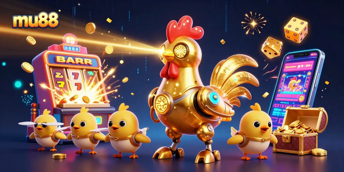 mu88 casino slot adventure with a golden rooster robot and baby chick drones in action