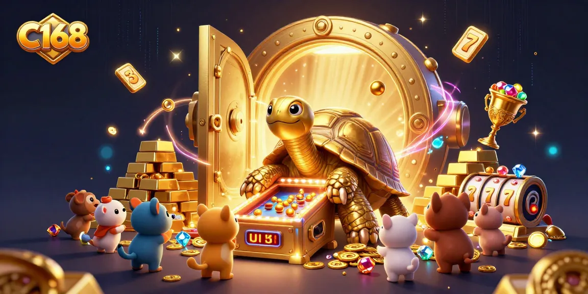 C168 players enjoy an immersive slot experience with a magical 3D illustration highlighting treasures and vibrant gaming.