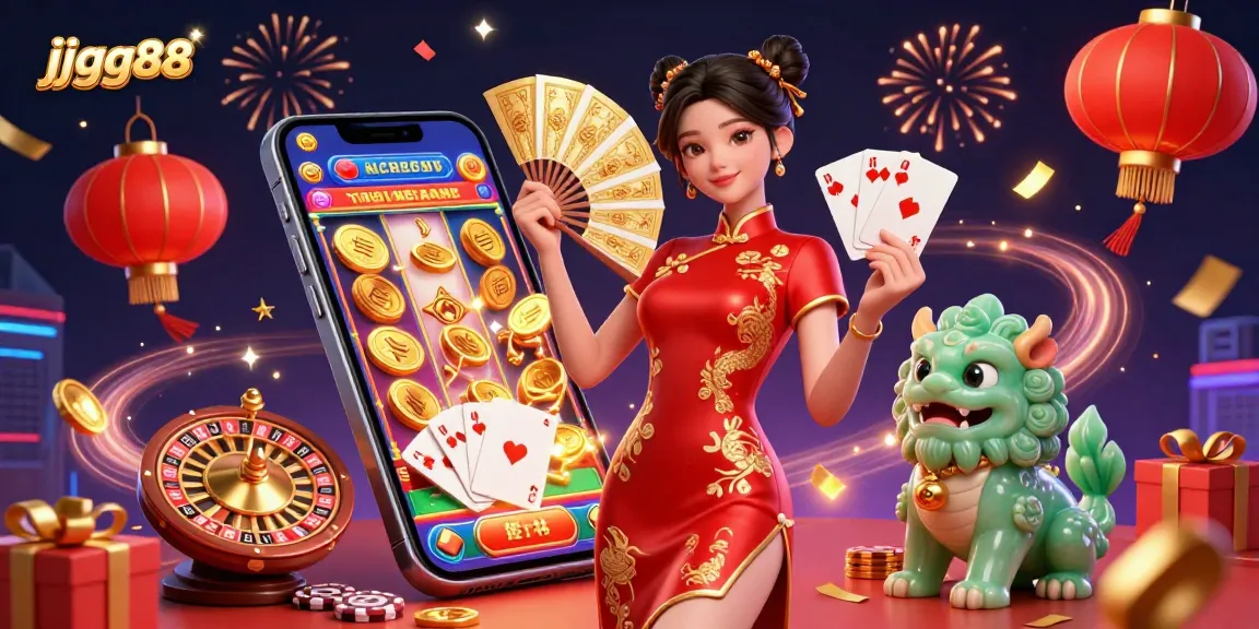 Experience the vibrant world of gambling with jjgg88's colorful slot games and festive celebrations in a detailed 3D scene.