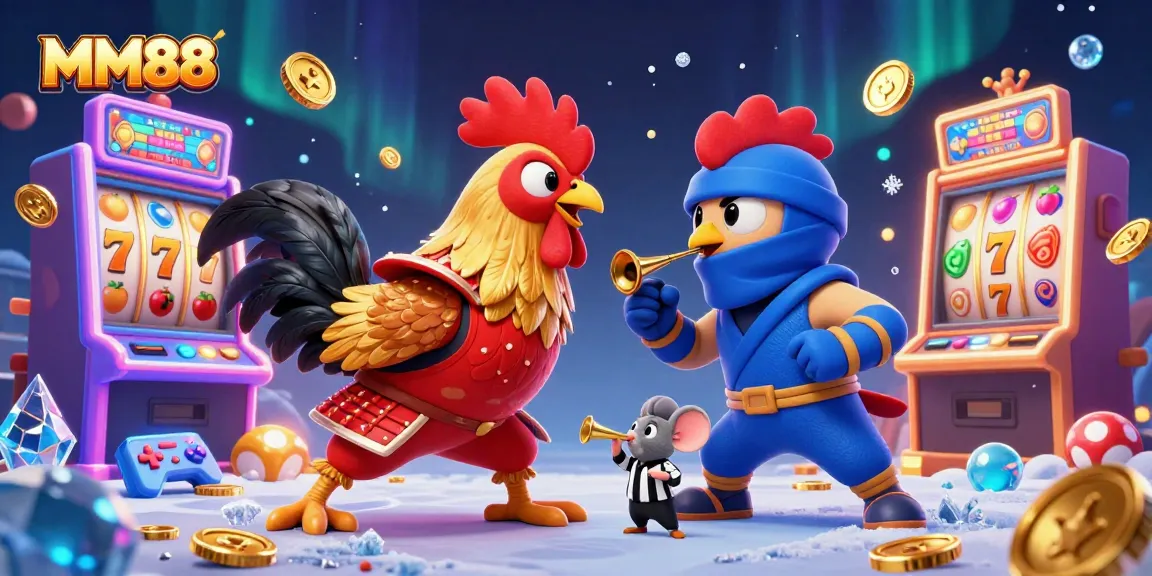Play thrilling games with MM88's dynamic 3D slot machines, featuring engaged roosters in an exciting standoff.