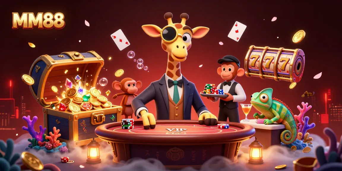 Experience vibrant casino excitement with MM88, featuring a high-roller giraffe, poker action, and celebratory gold.
