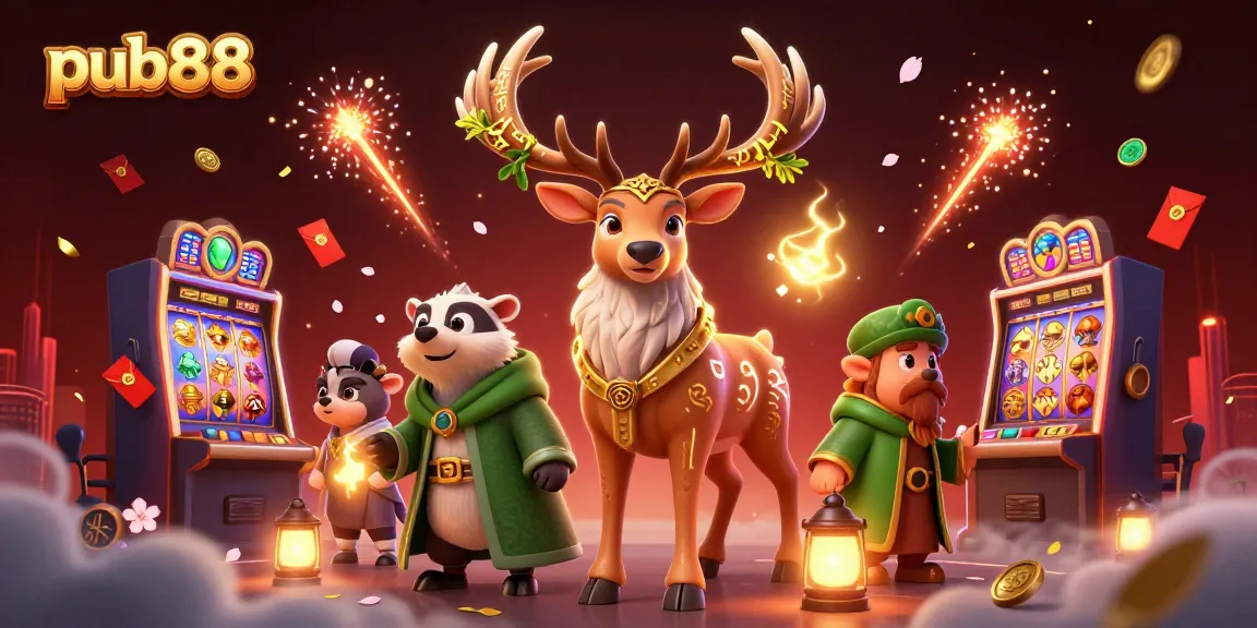 Engage with pub88's thrilling casino scene featuring vibrant slot machines and enchanting characters.
