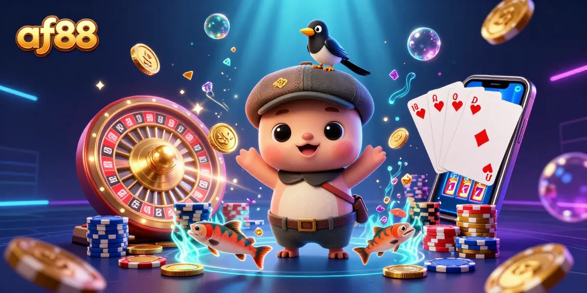 Spin the wheel of fortune with af88, featuring a playful monster and dazzling casino elements.