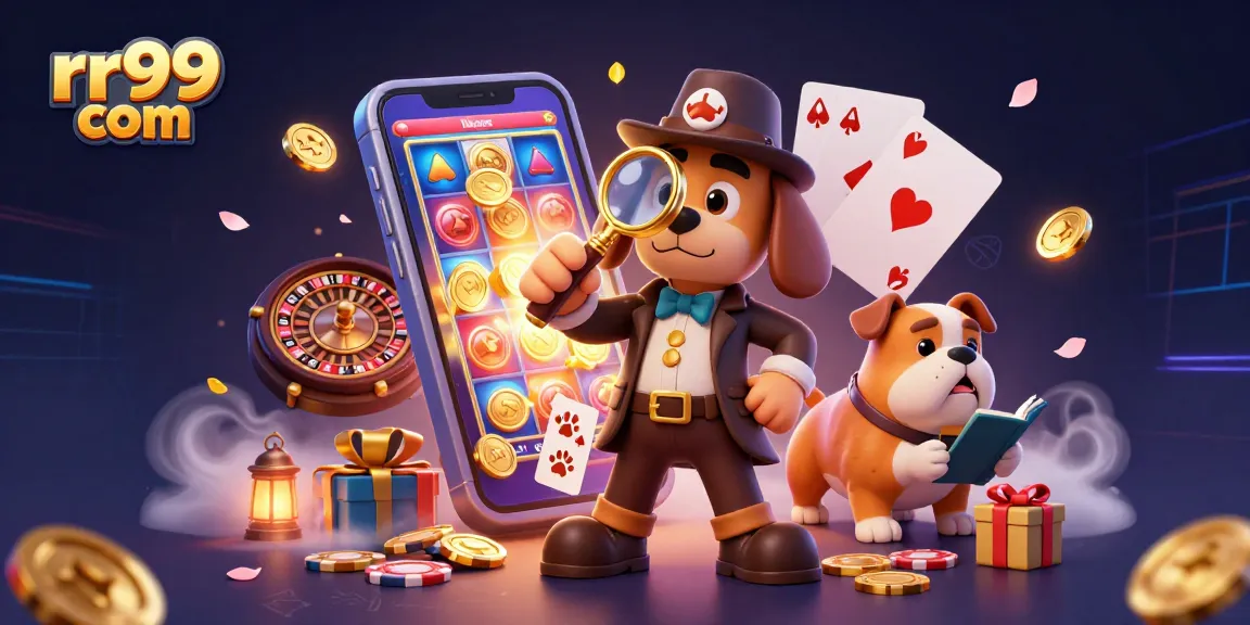 Play slots and uncover treasures at rr99 com with our detective duo amidst vibrant casino elements.