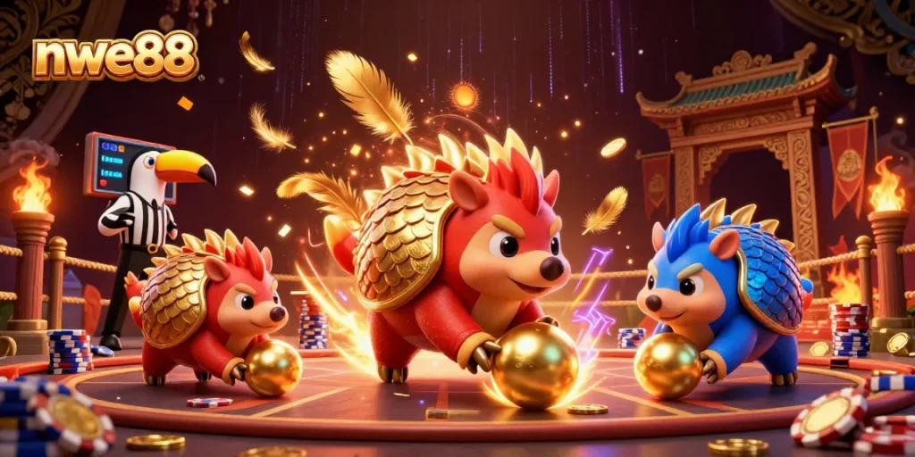 Engaging 3D illustration of pangolins competing at nwe88 casino with vibrant casino elements.