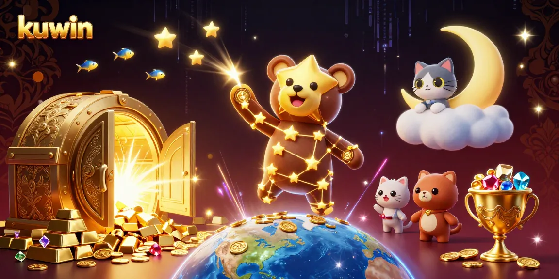 Kuwin's constellation bear gathers coins from Earth in a vibrant 3D casino scene filled with treasures.