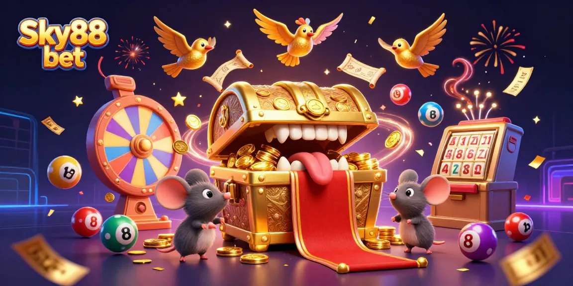Engage in the thrill of Sky88 bet with a vibrant scene of treasures and lottery excitement.