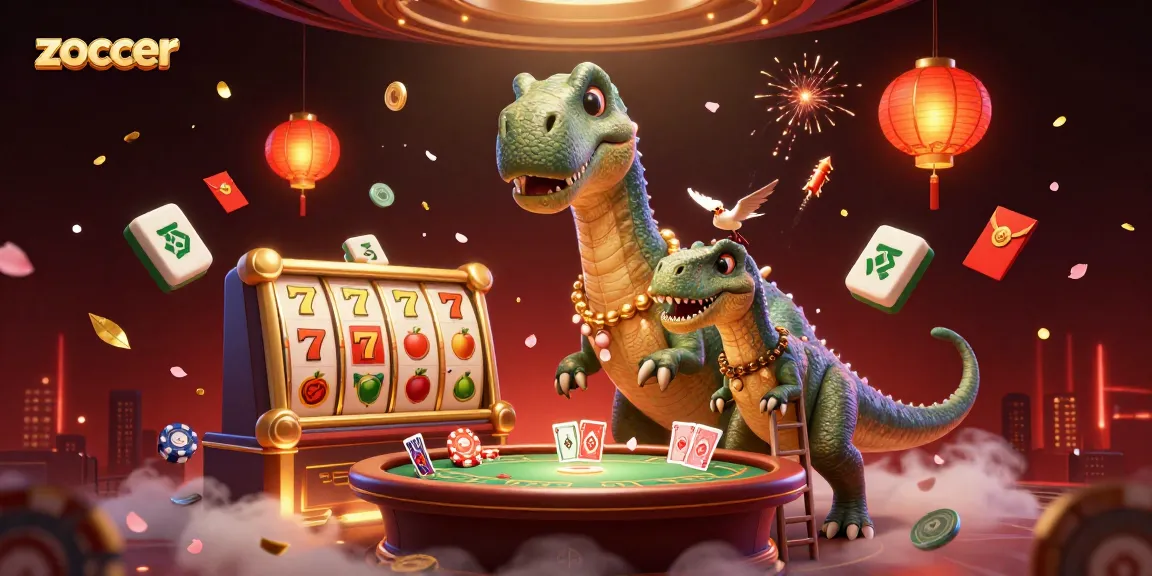 Experience thrilling zoccer gaming with a massive brontosaurus and raptor at a vibrant casino scene.