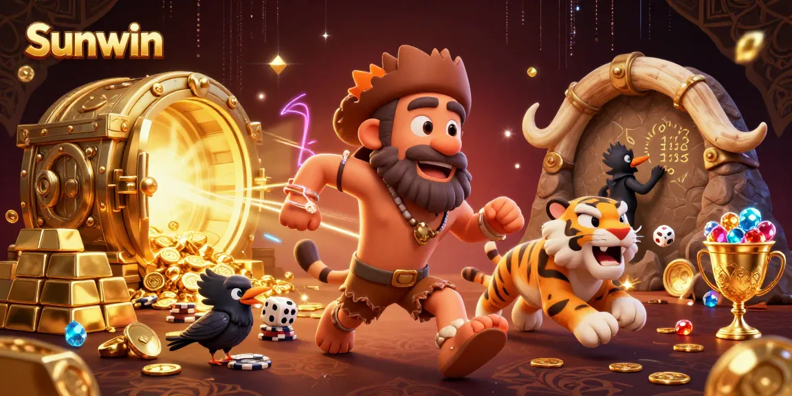Experience the thrilling Sunwin casino atmosphere with dynamic 3D caveman and tiger characters.