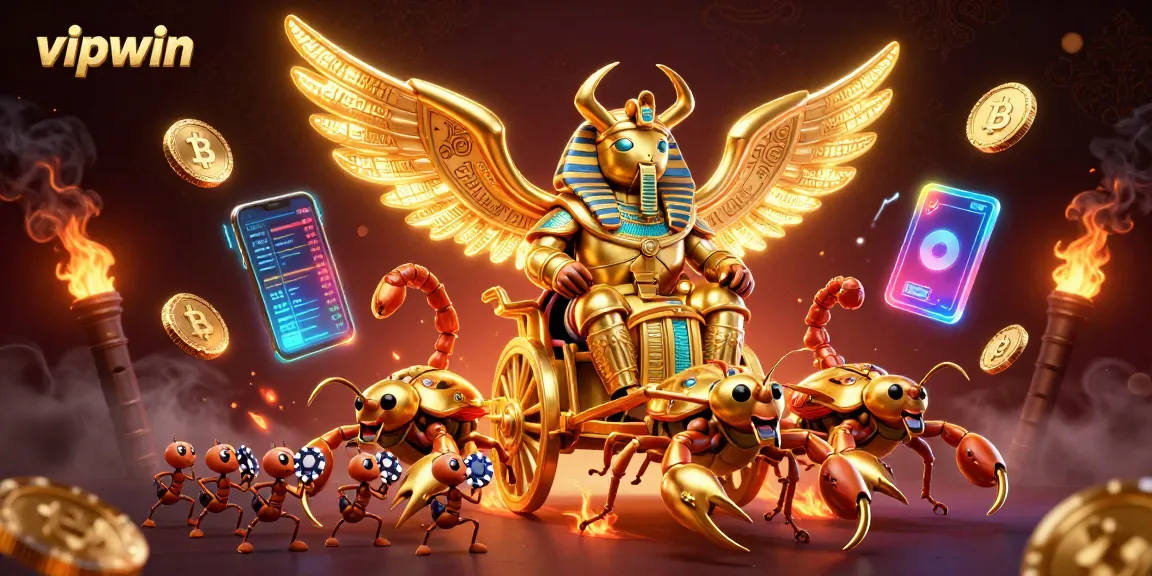 Engage with exciting vipwin casino games, featuring a colossal golden scarab beetle and dynamic crypto elements.