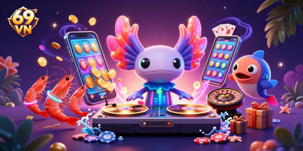 Engage with 69 VN's vibrant casino scene featuring a DJ axolotl, dancing shrimp, and exciting gaming elements.