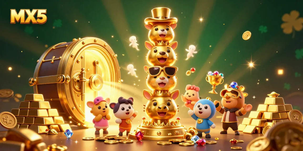 Engage with MX5's dynamic 3D casino illustration showcasing a golden totem and treasures.