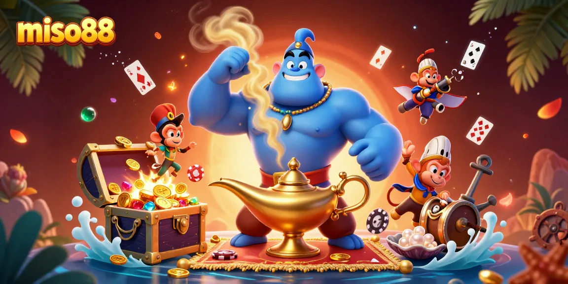 Miso88 magical gaming experience with a majestic genie, treasure, and poker elements, inviting players to enjoy thrilling casino action.