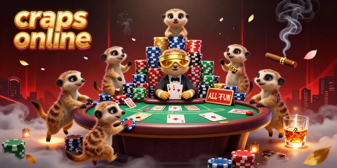Engage in craps online with this vibrant scene of meerkats managing a lively casino, showcasing poker tables and vibrant chips.