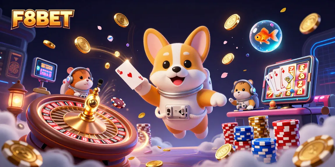 Experience excitement with F8BET in a dynamic casino space featuring floating poker chips and gold coins.