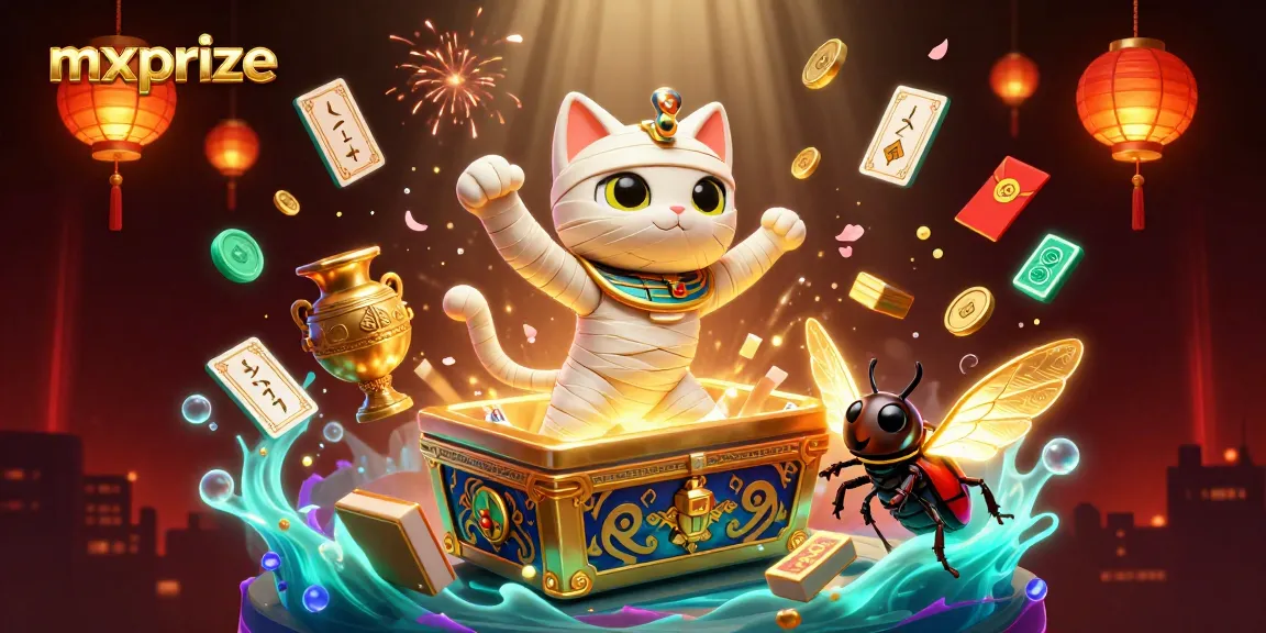 Engage with mxprize in a dynamic casino scene featuring a mummy cat and glowing elements.