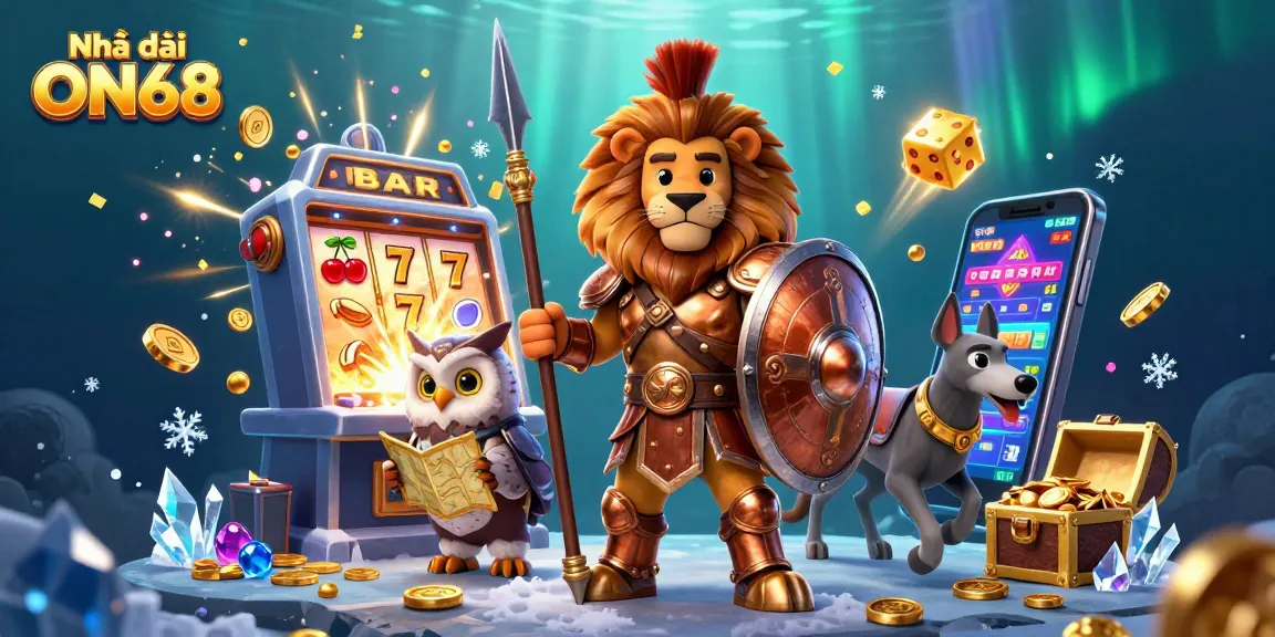 Experience thrilling moments at Nhà cái ON68 with a vibrant 3D casino scene showcasing action-packed gaming elements.