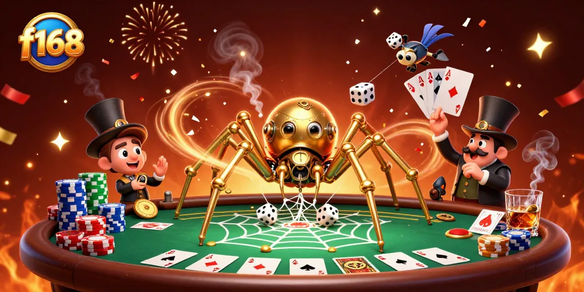 Catch lucky moments at f168 with a 3D steampunk spider in a vibrant casino scene.